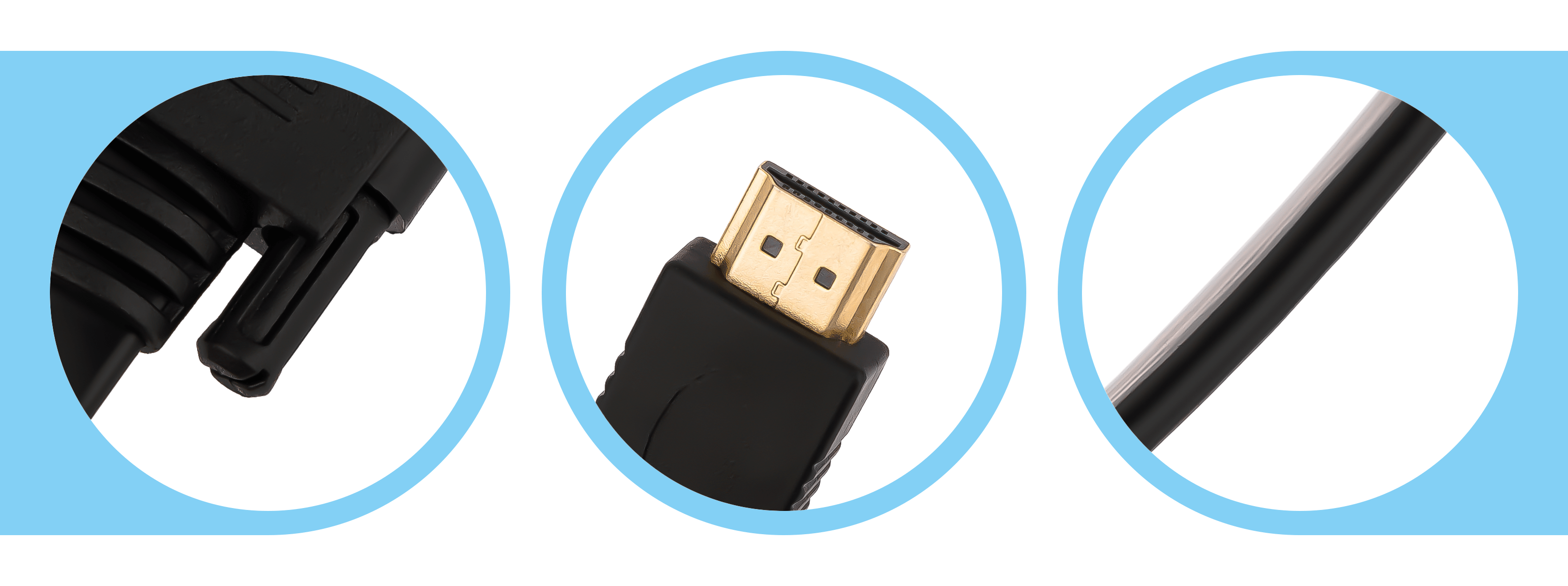 Trzy okrągłe wcięcia czarnego kabla. Jeden pokazuje złącze, dwa pozostałe końce kabla.