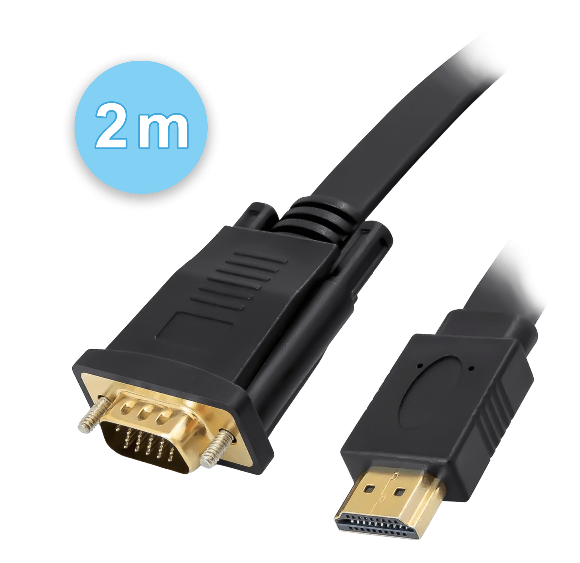 Czarny kabel VGA do HDMI, z etykietą 2m, ujęcie z bliska.