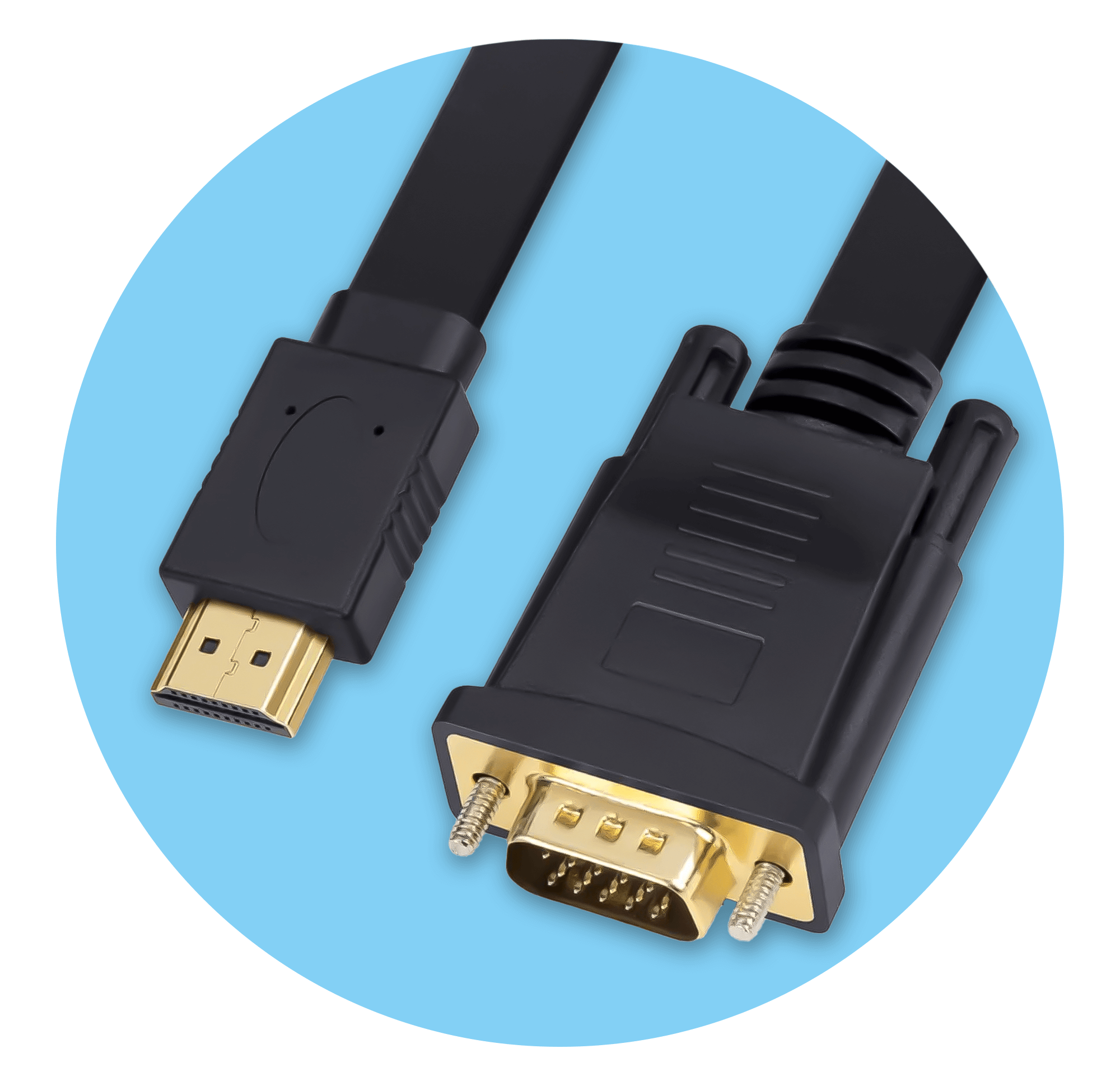 Kable HDMI i VGA ze złączami na niebieskim tle.