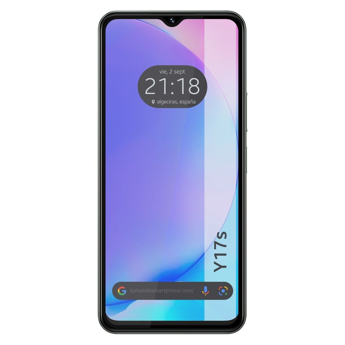 Uno smartphone che mostra data e ora, con bordo bianco, su sfondo bianco.