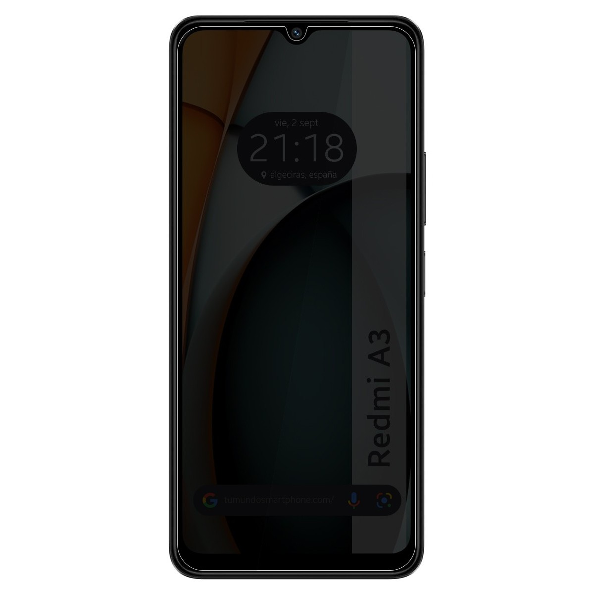 Telefono che mostra data/ora e il testo Redmi A3. Lo schermo è per lo più scuro con un'ombra.