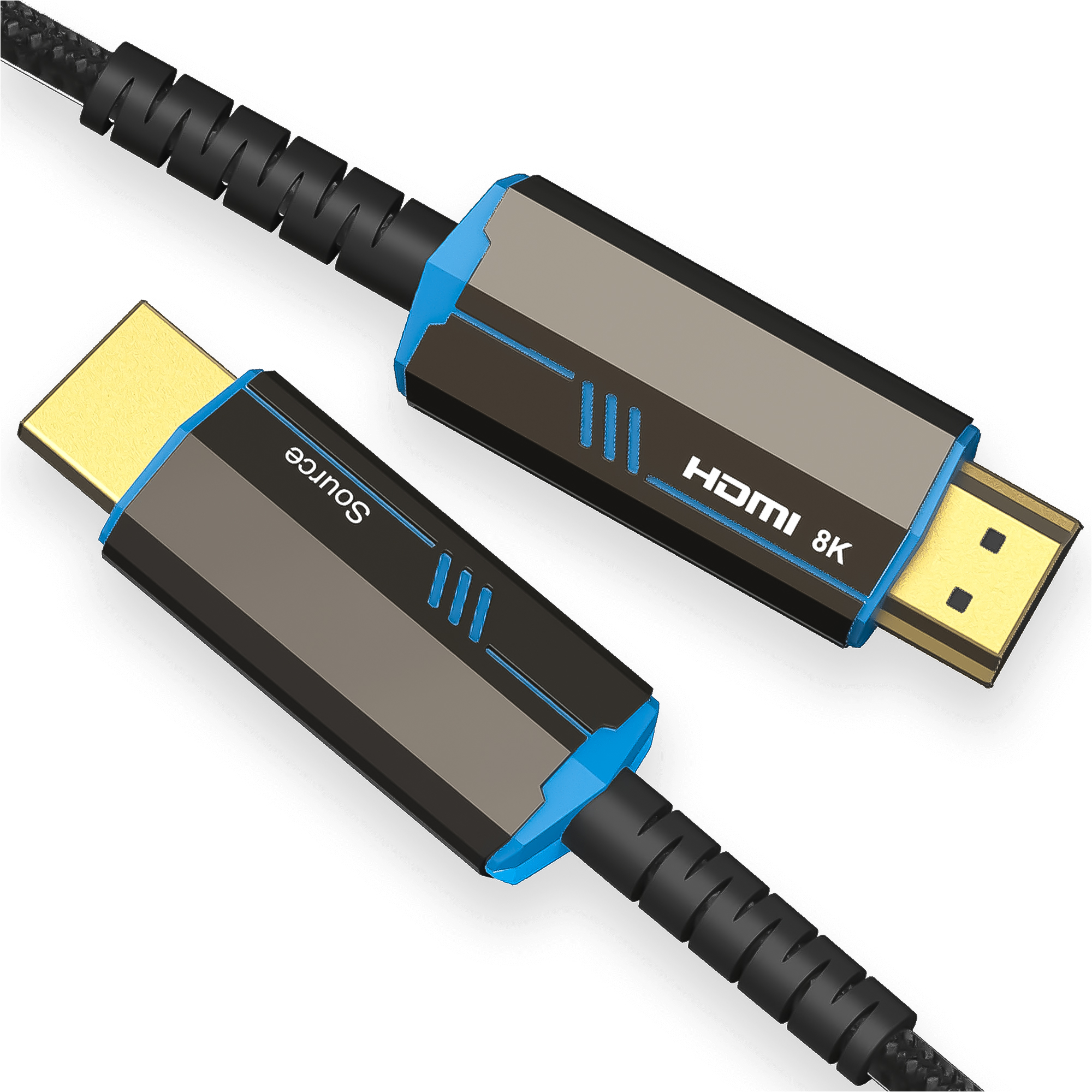 Kabel HDMI ze złotymi złączami. Czarny kabel, niebieskie i szare akcenty. Etykieta HDMI 8K widoczna.