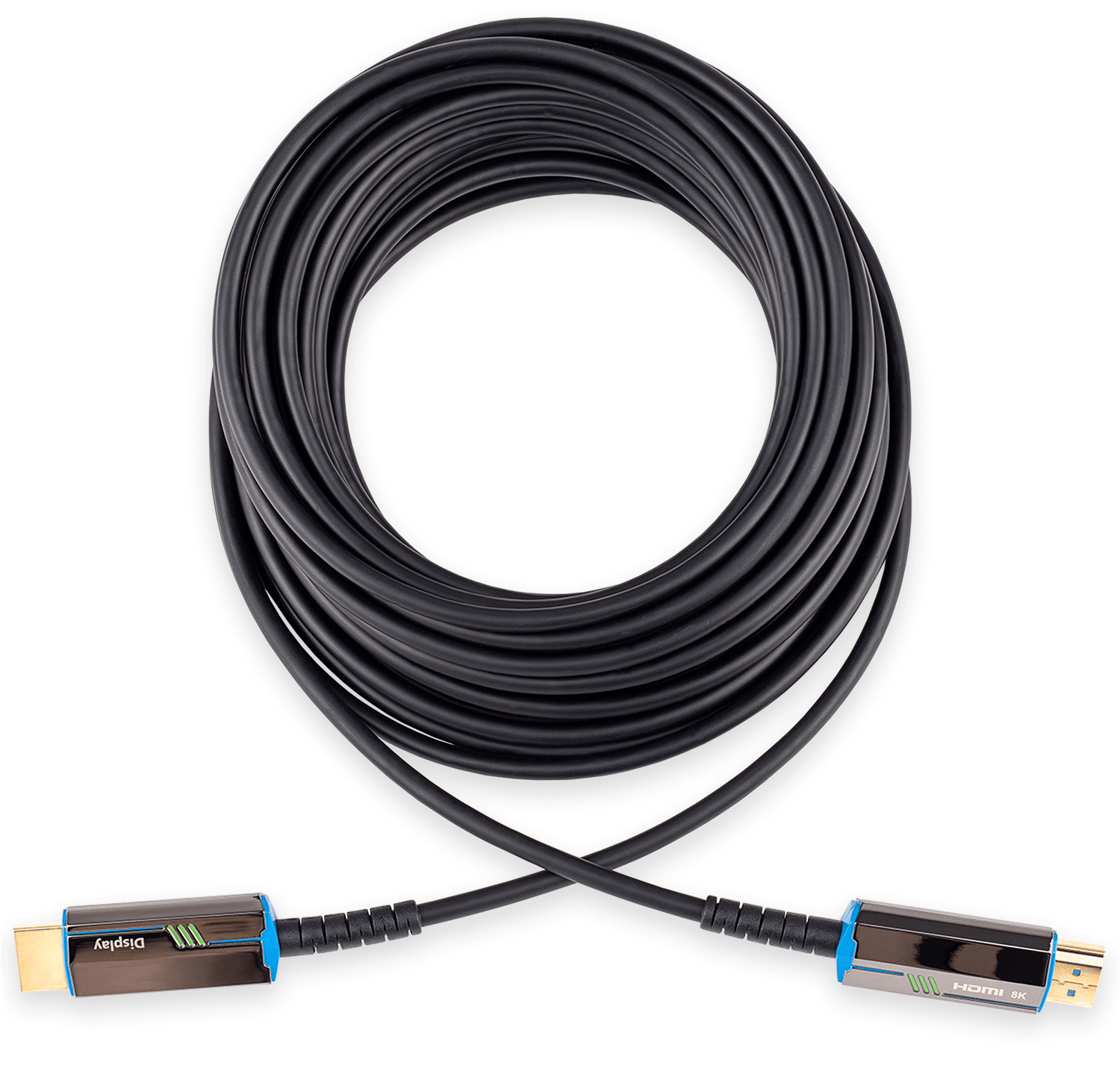 Czarny kabel HDMI 8K w zwoju, z niebieskimi i złotymi złączami, na białym tle.