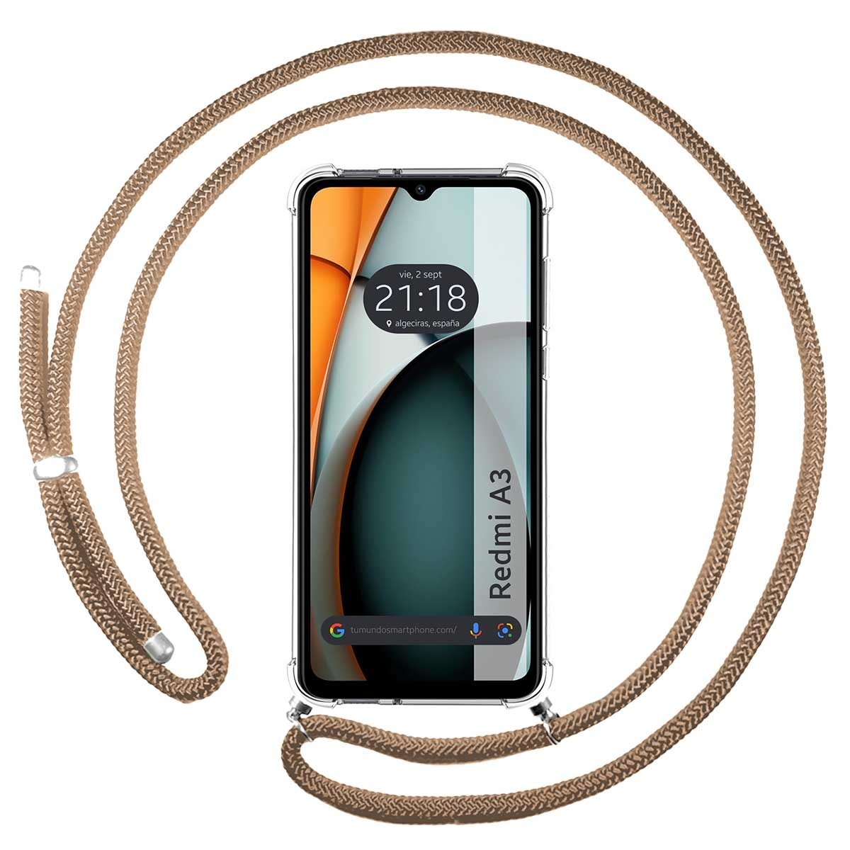 Telefono con custodia trasparente e cinturino marrone.