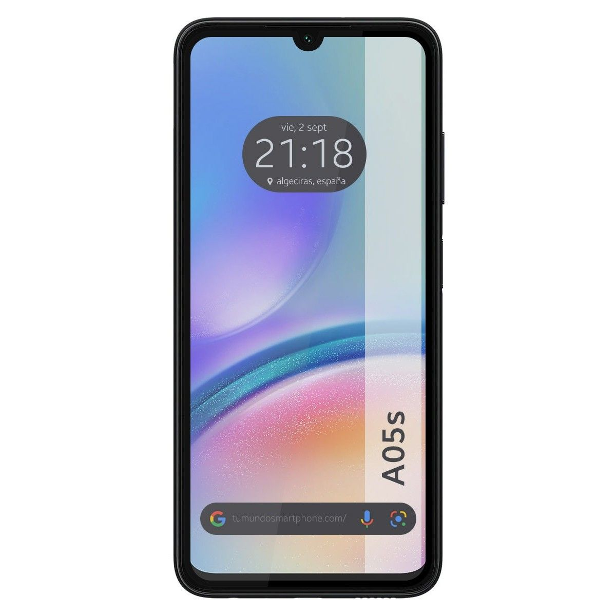 Telefono cellulare che mostra un'ora e un luogo sullo schermo. Il telefono è nero.