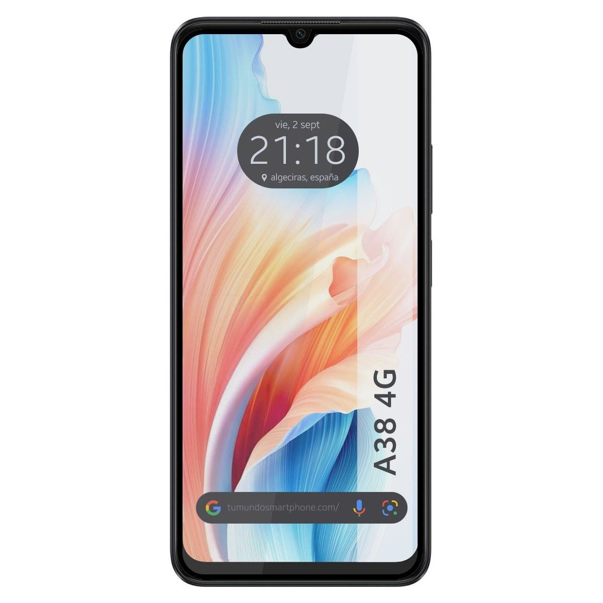 Smartphone con schermo che mostra orologio, data e design astratto. Telefono nero su sfondo bianco.