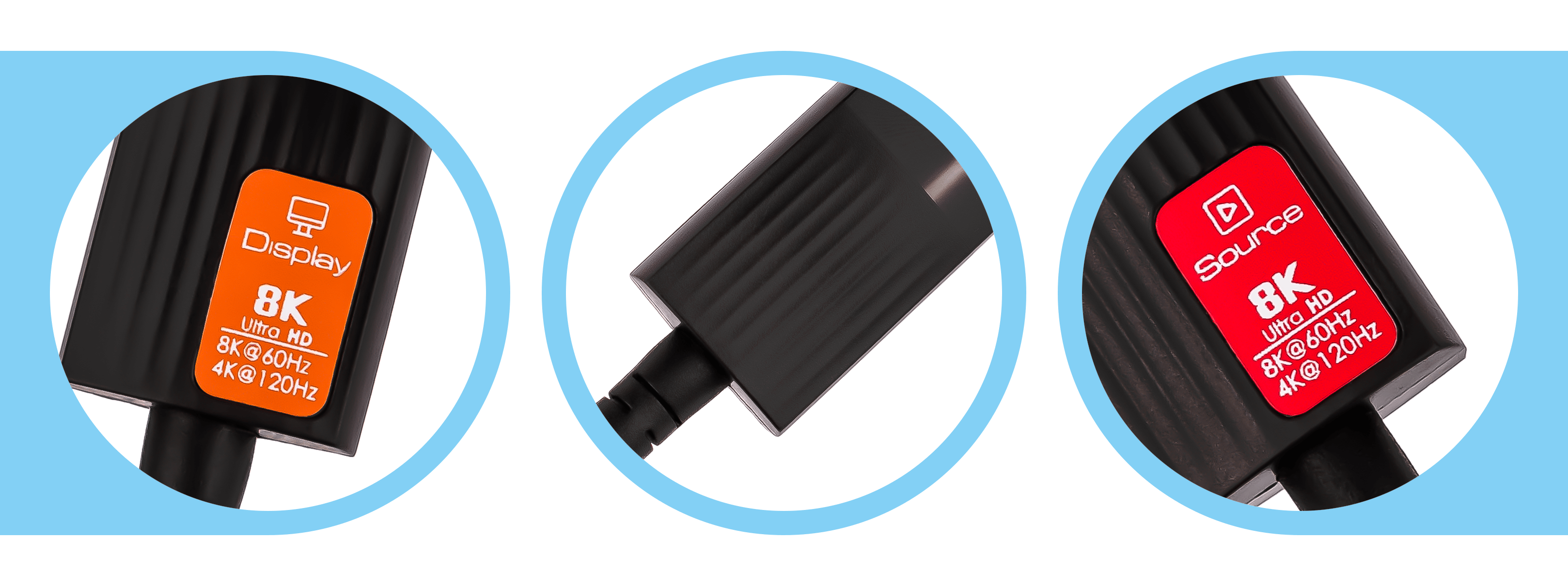 Trzy zbliżenia czarnych złączy z etykietami 8K; dwa z pomarańczowymi, jedno z czerwonymi etykietami.