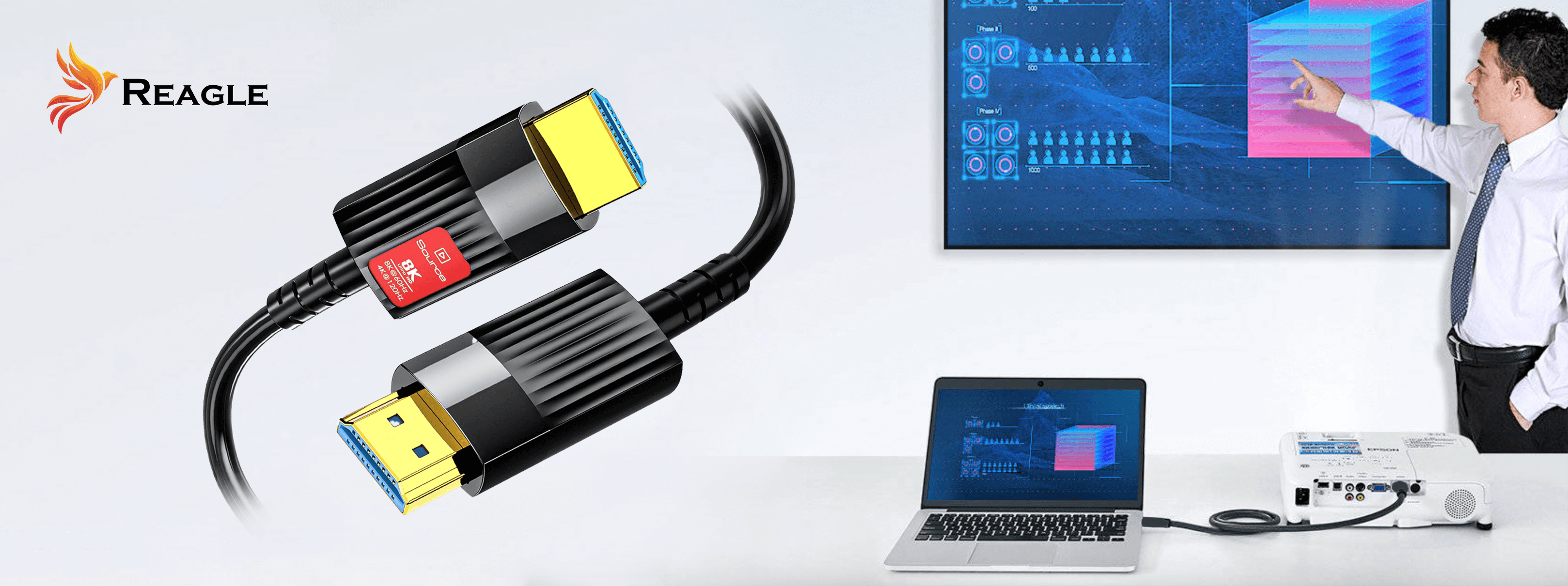 Dwa czarno-żółte kable ze złączami USB i mężczyzna wskazujący na ekran prezentacji.