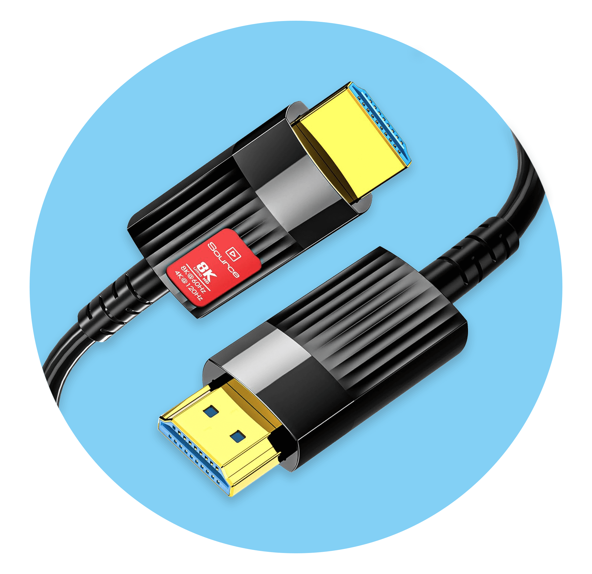 Dwa czarno-żółte kable HDMI w niebieskim okręgu.