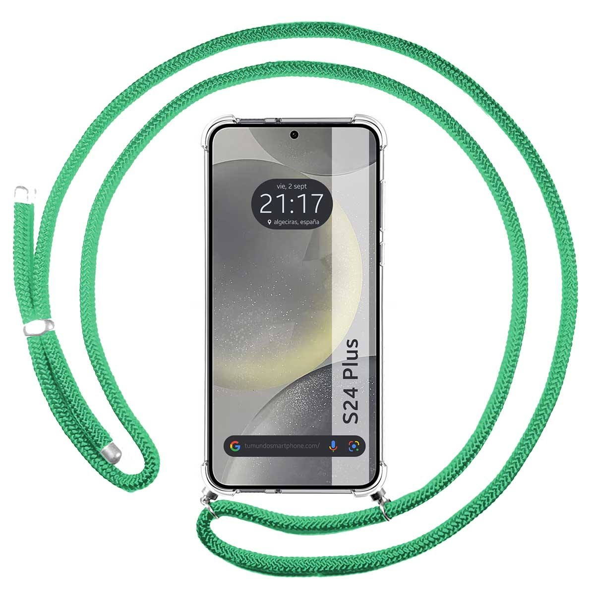 Telefono con cordino verde. Lo schermo mostra ora e luogo. Telefono in custodia trasparente.