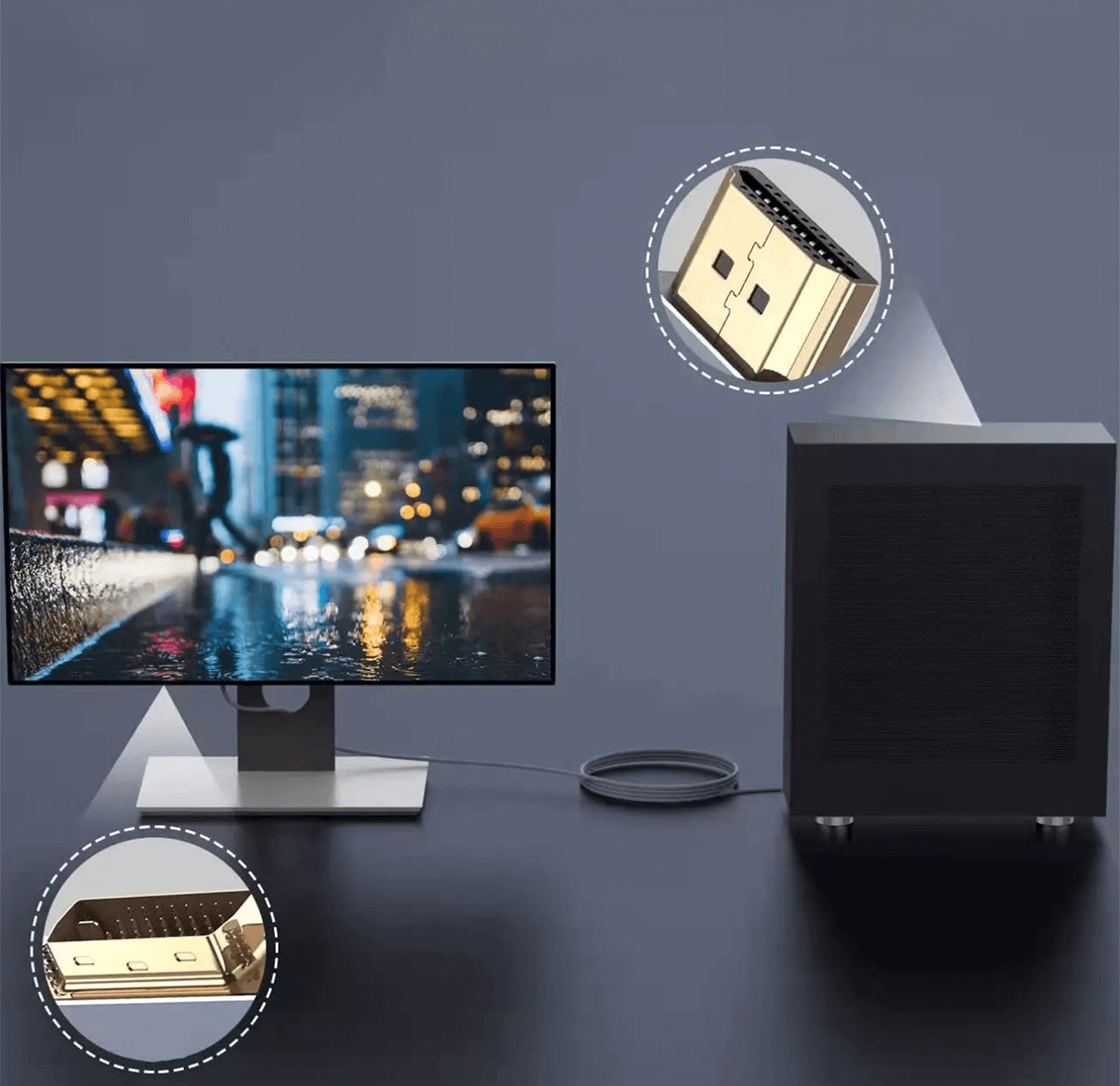 Konfiguracja komputera z monitorem, komputerem i szczegółami złącza HDMI.