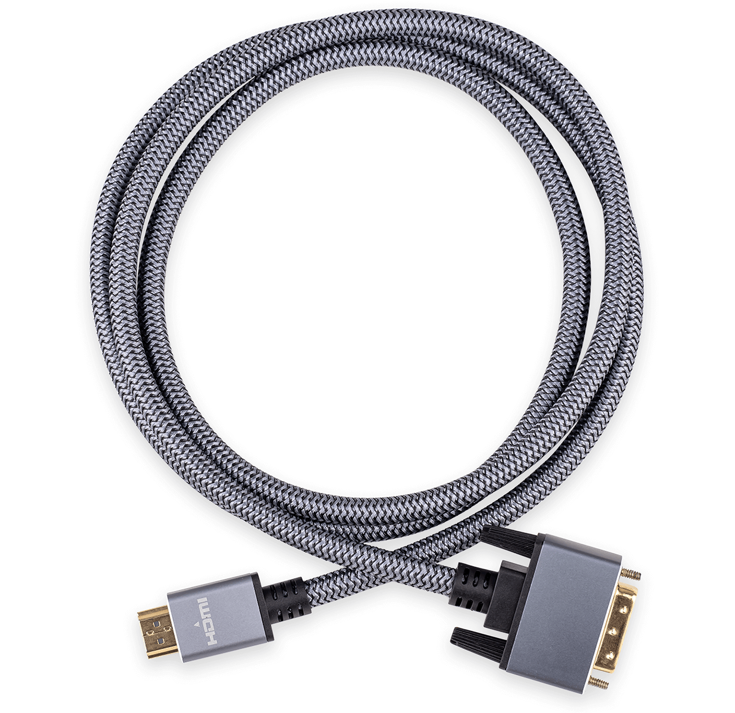 Kabel HDMI zwinięty w okrąg, ze złączem na każdym końcu. Szaro-czarna pleciona konstrukcja.
