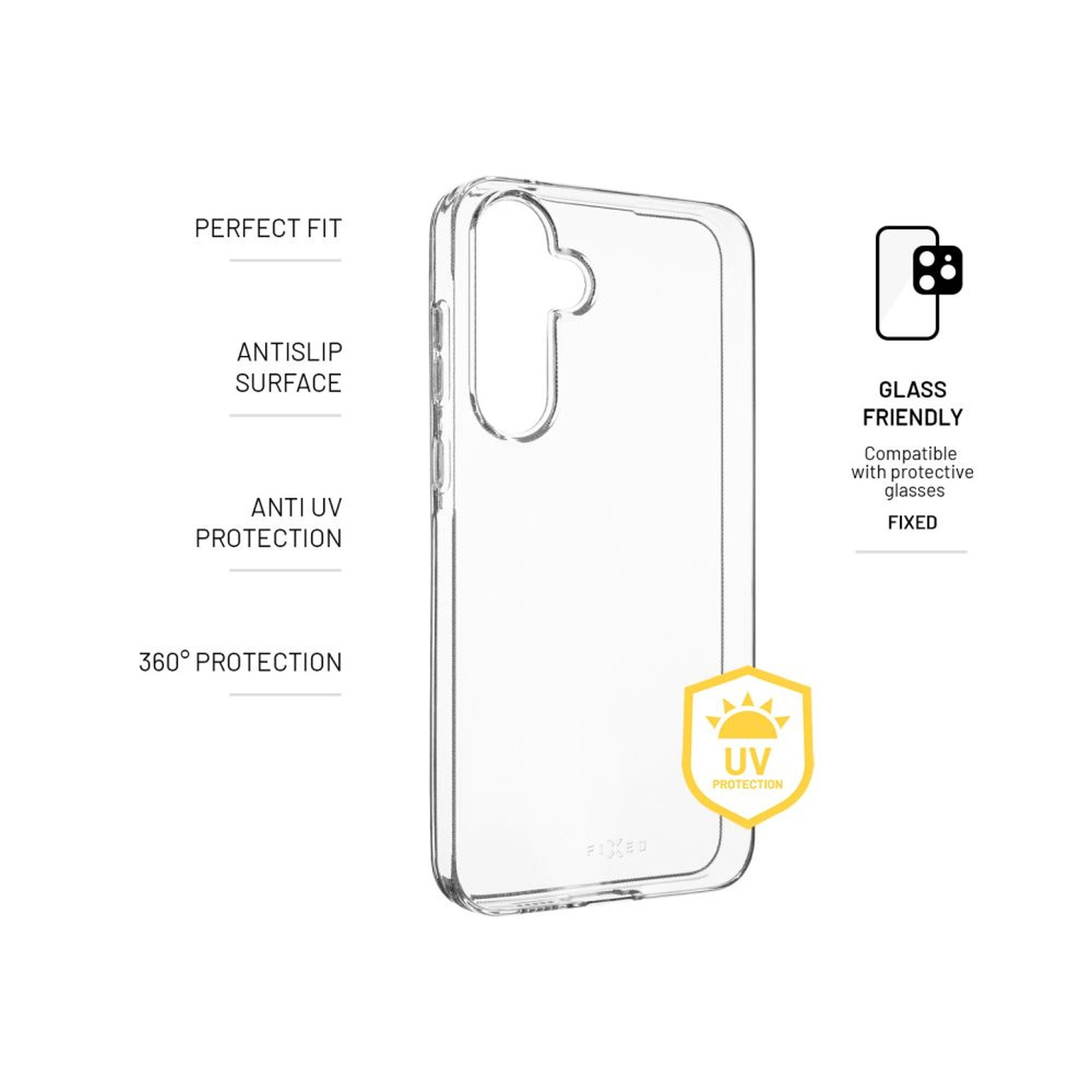 Transparente Handyhülle mit Text: perfekte Passform, rutschfest, UV-Schutz, 360° Schutz und UV-Icon.