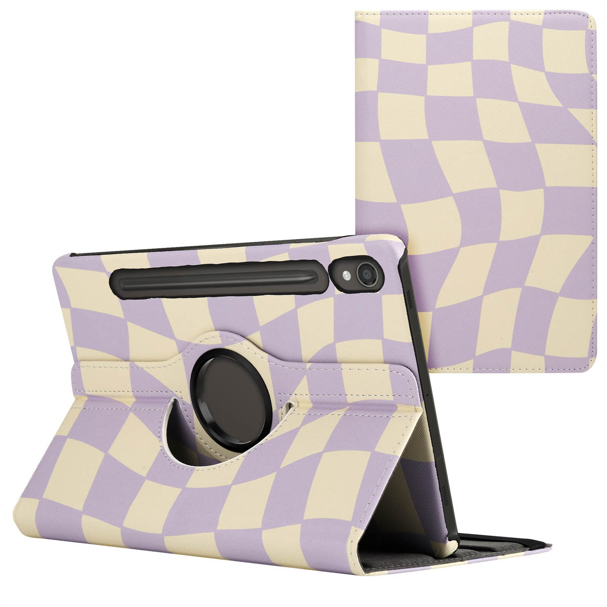 Tablet case open, with checkered pattern, and pen. The case is open.