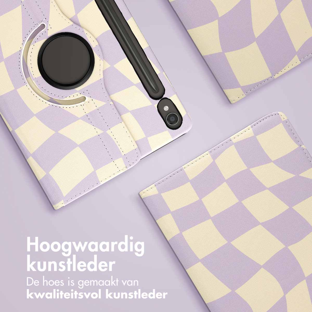 Tablet case with a purple and white checkered pattern, open, with a stylus.