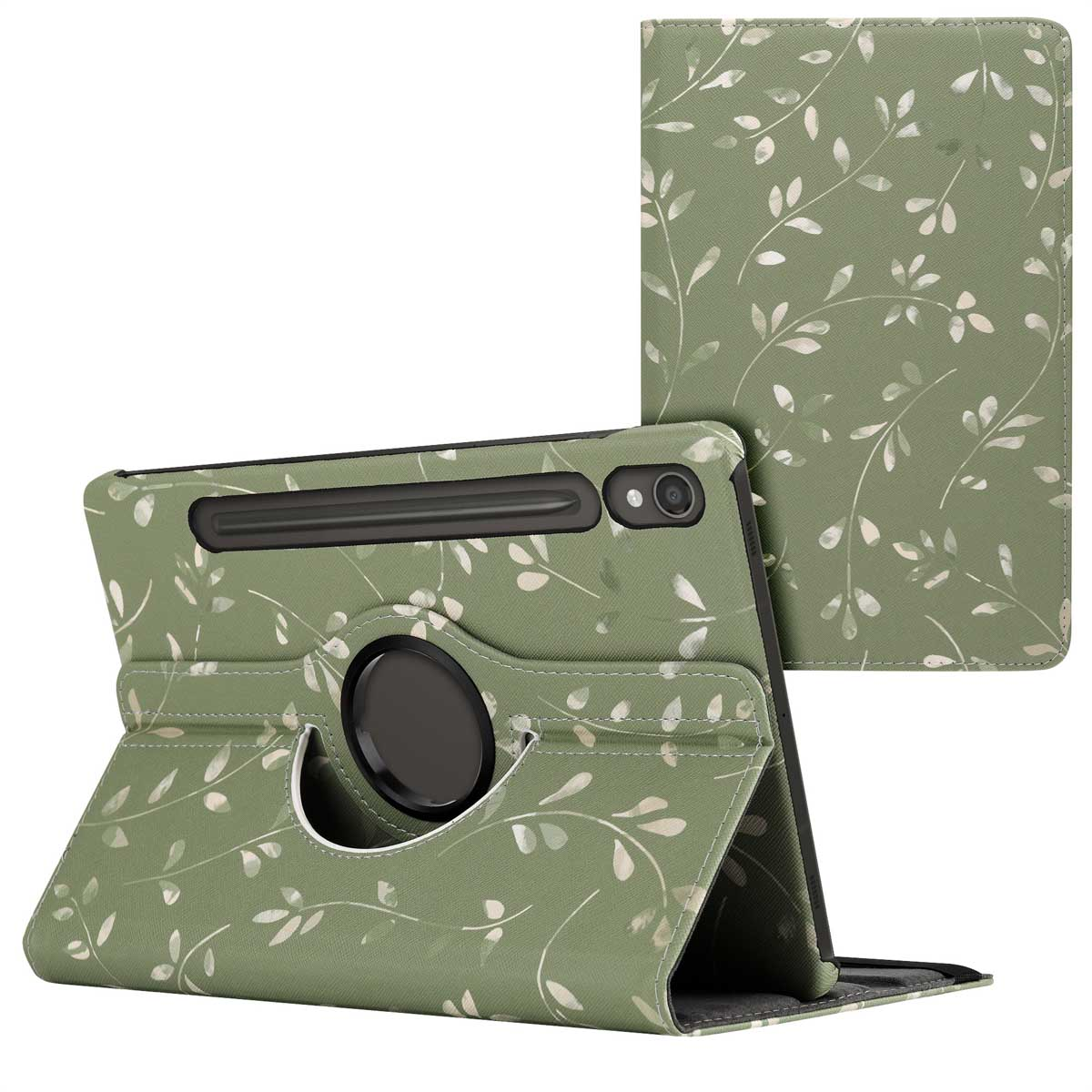 Groene tablethoes met bloemenpatroon. De hoes is open en de tablet zit erin.