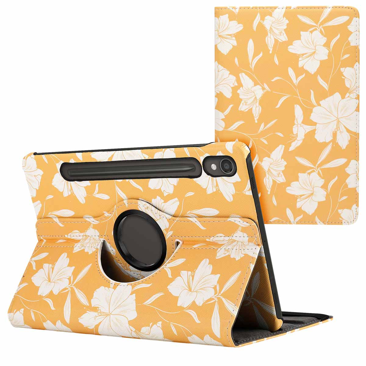 Yellow tablet case with white floral design, open and closed, showing a rotating ring and pen holder.