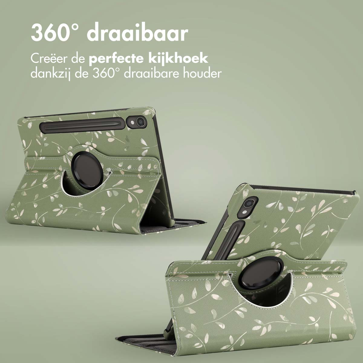 Groene tablethoes met wit bladerpatroon. Twee hoezen worden getoond, één open en één gesloten, op een groene achtergrond.