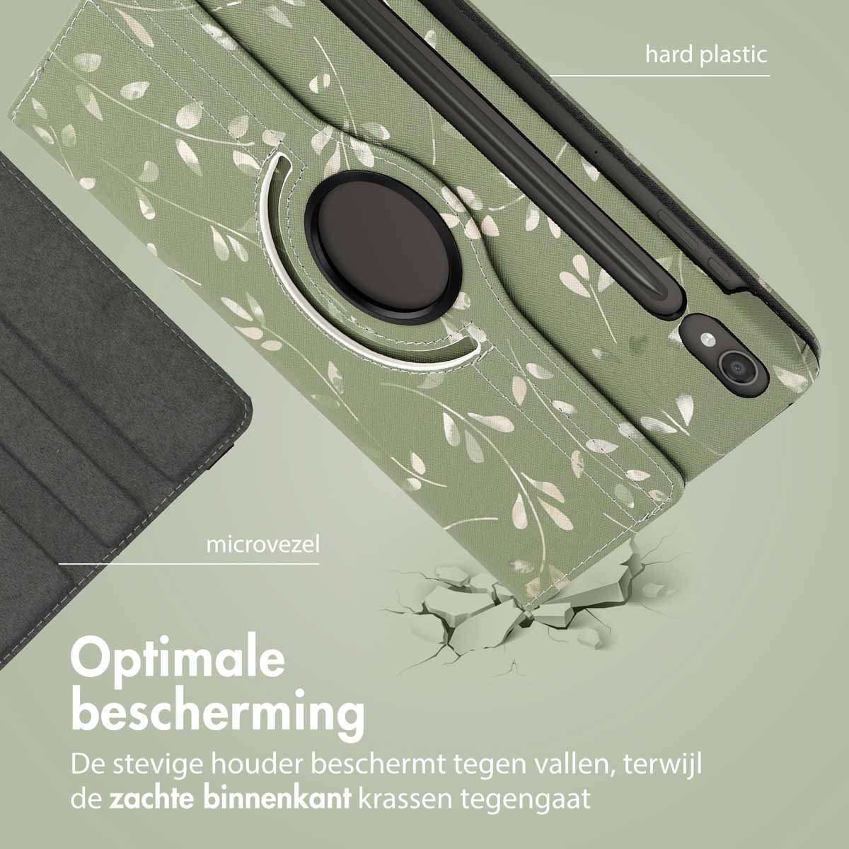 Groene tablethoes met bladerpatroon. De hoes is open, tablet zichtbaar.