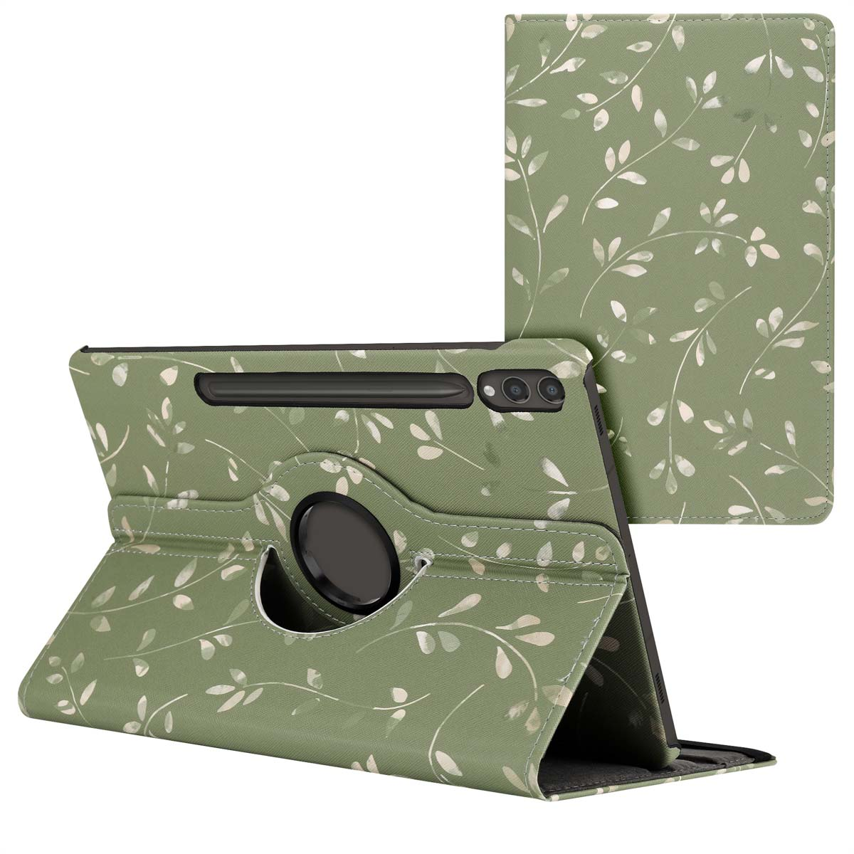 Tablethoes met groen bloemmotief, open, met stylus en tablet.
