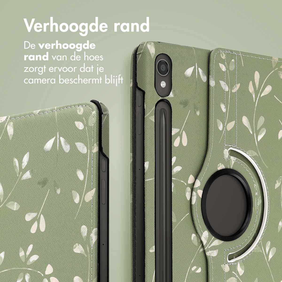 Groene tablethoes met wit bladeren patroon. De hoes is gedeeltelijk open.