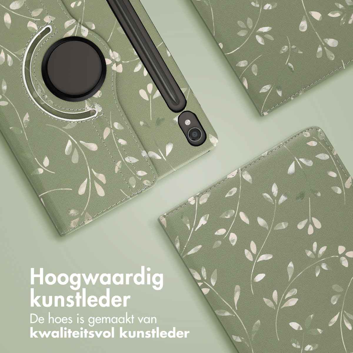 Groene tablethoes met bladerpatroon. De hoes is open en toont de tablet binnenin.