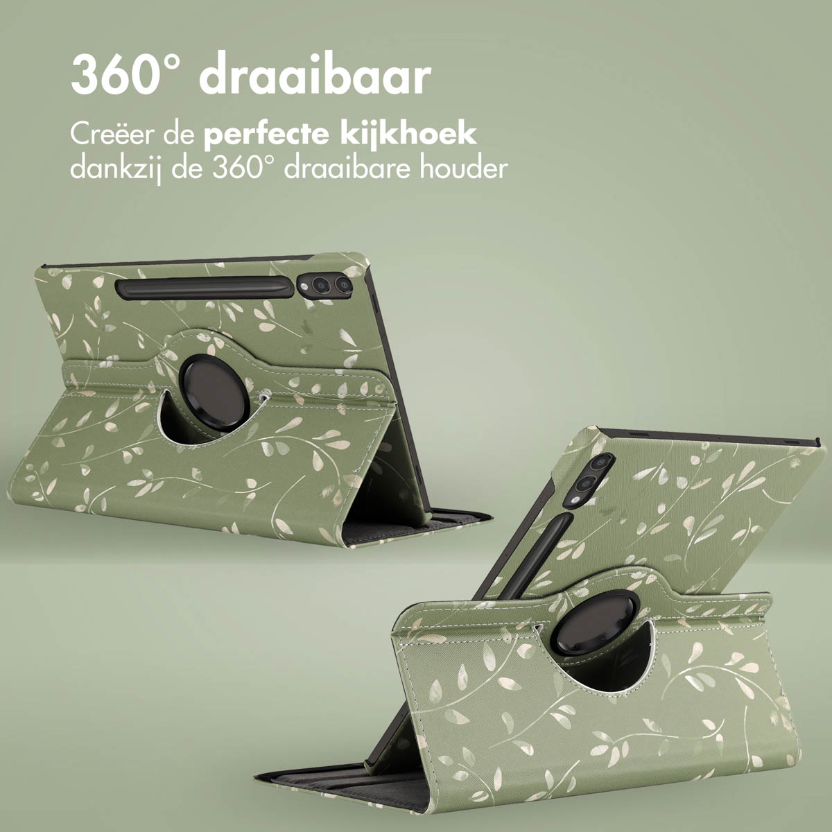 Groene bloemen tablet hoes, twee aanzichten die 360 graden rotatie mogelijkheden tonen.