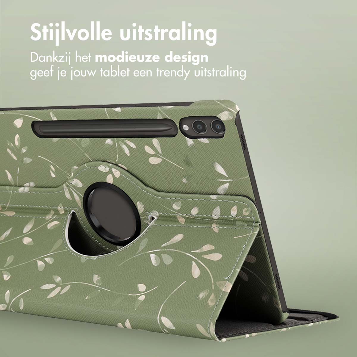 Een tablet in een groene bloempatroon hoes, met een pen en een draaiend scharnier.