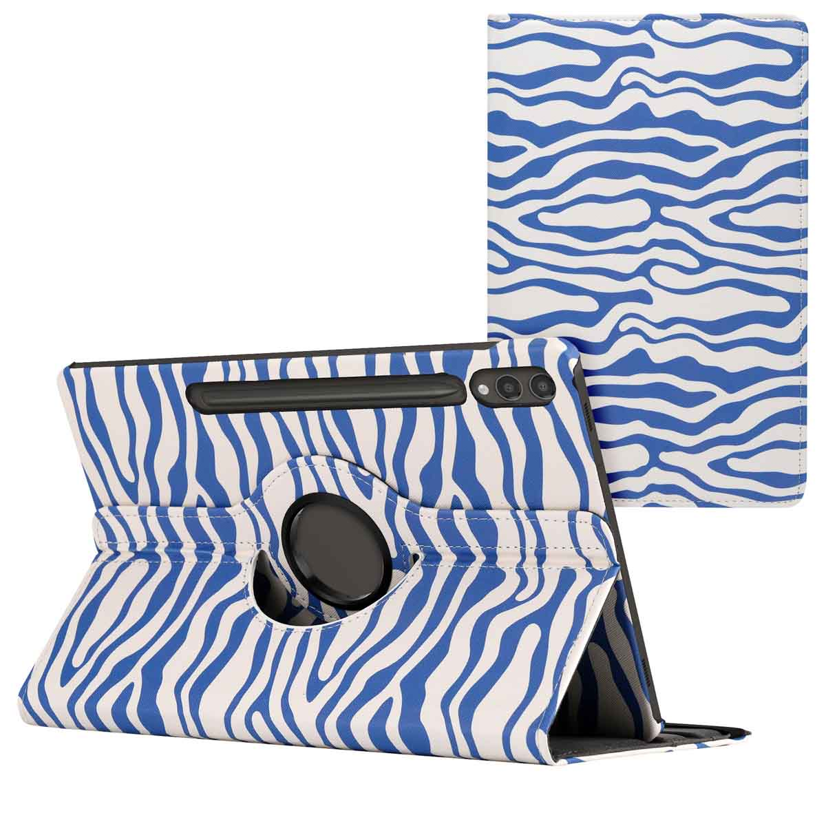 Tablet case with blue and white zebra stripes. The case is open, showing the tablet inside and a black stylus.