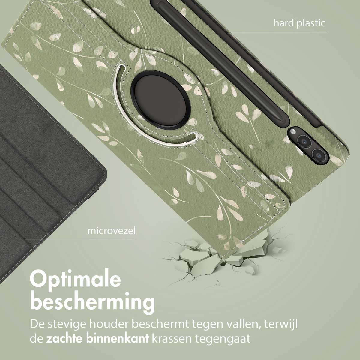Tablethoes toont beschermende eigenschappen. De hoes is open, hard plastic en microvezel materiaal. Scheuren.