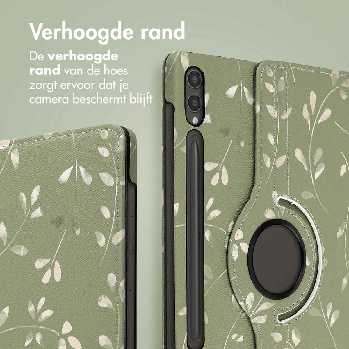 Groene tablethoes met bloemenpatroon. Toont een pennenhouder en verhoogde randen.