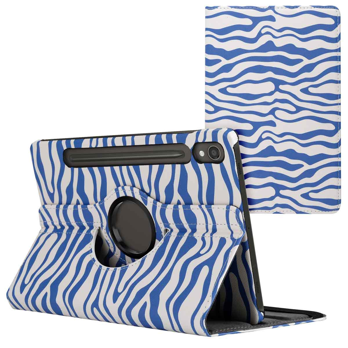 Tablet case with blue and white zebra pattern. Case open, tablet visible.