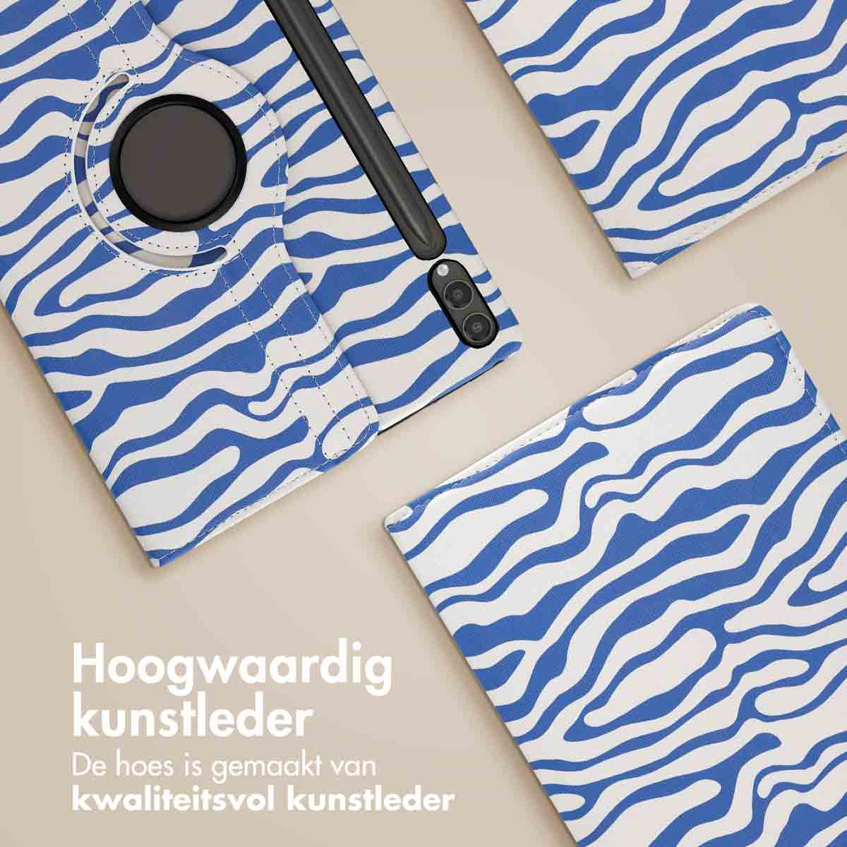 Tablet case with blue and white zebra stripes. There is a white text box at the bottom.