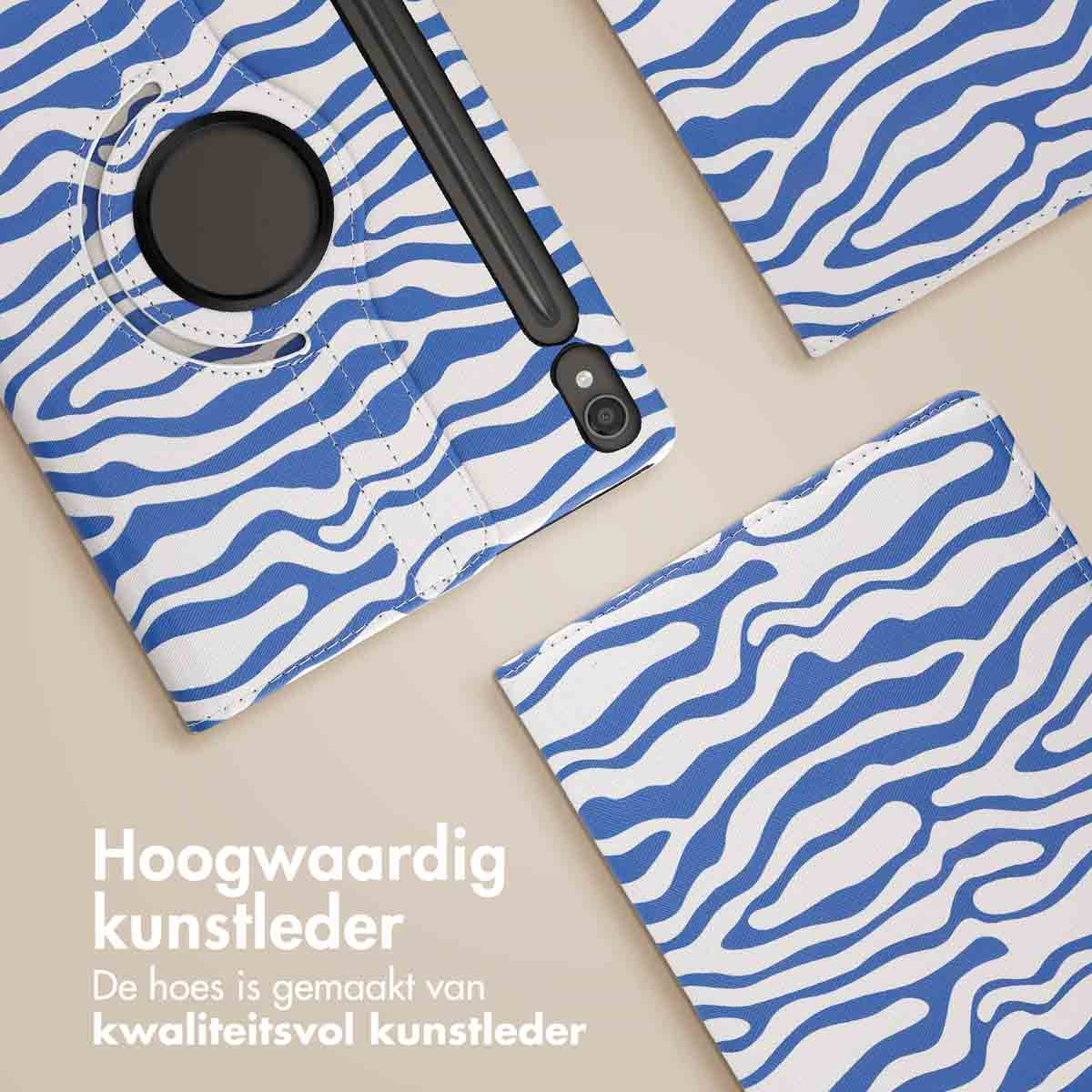 Close-up of a tablet case with zebra print. Text in Dutch: 'hoogwaardig kunstleder'.