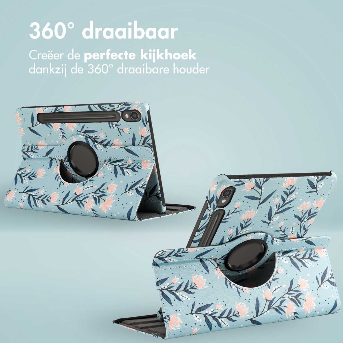 Tablet cases with blue floral pattern. Show the open cases with the tablets inside.