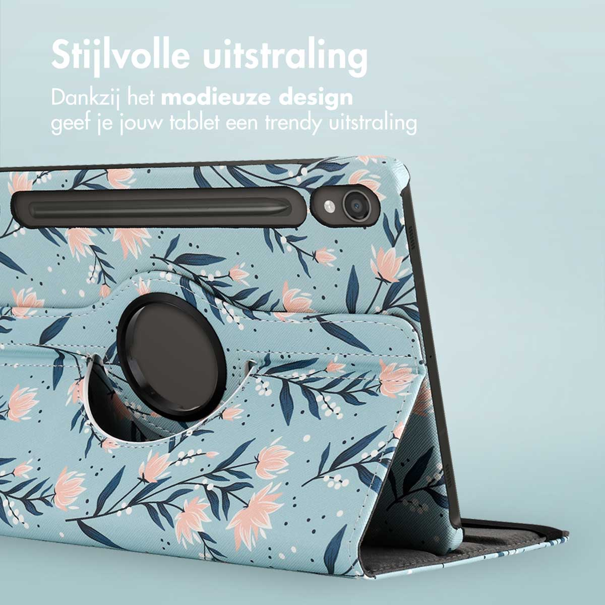 Tablet case with floral design. Light blue background. Pink and white flowers.