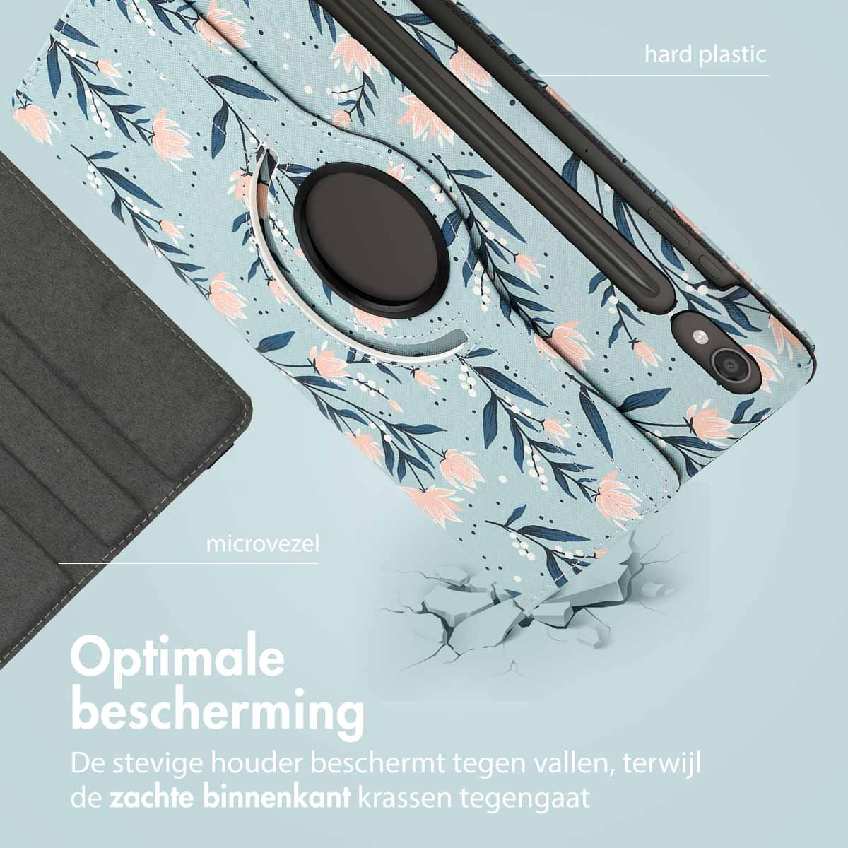 Blue tablet case with floral pattern. Microfiber interior, hard plastic exterior.
