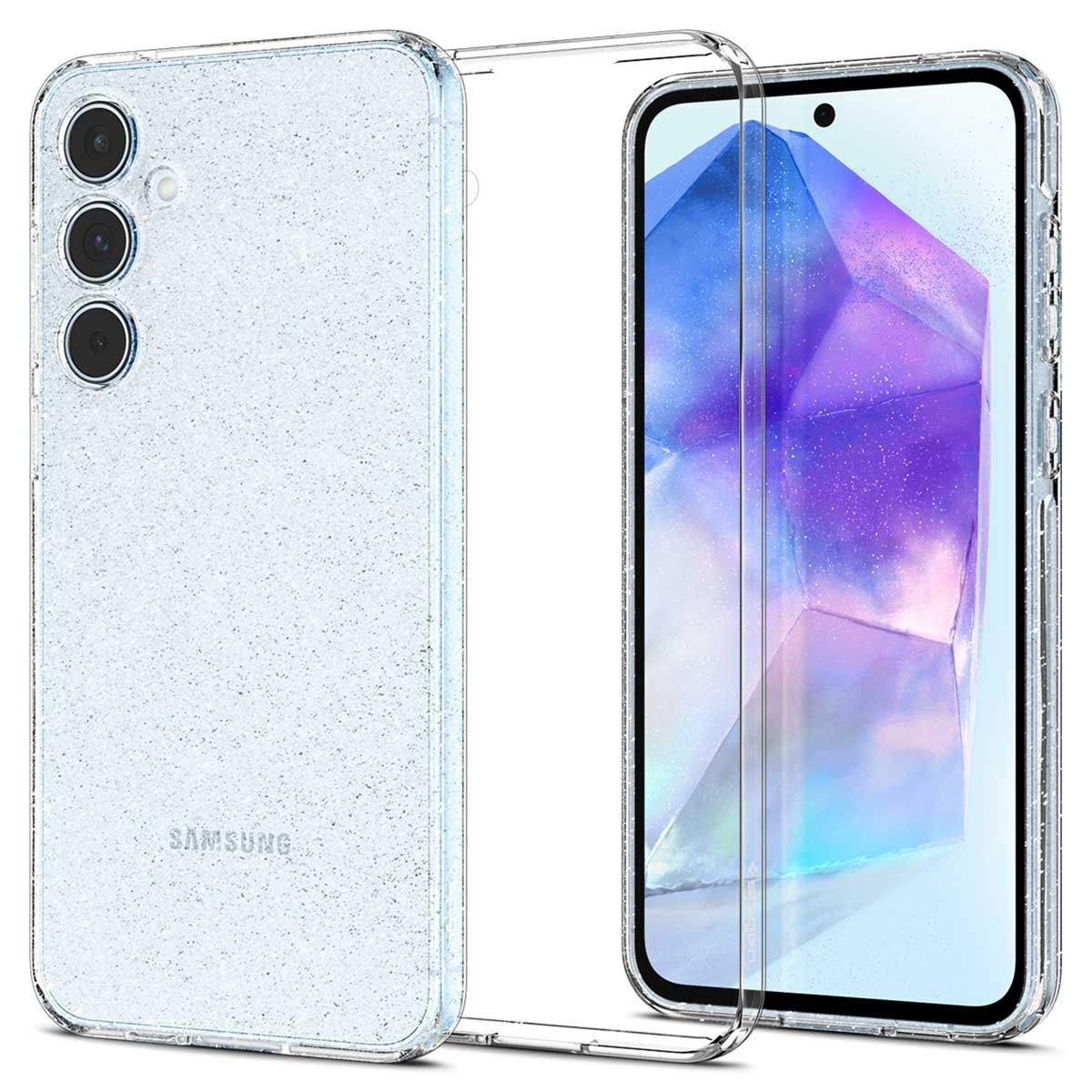 Transparante telefoonhoes. De hoes heeft glitter op de achterkant.