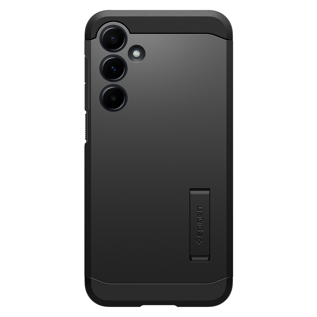 Zwarte telefoonhoes met drie cameralenzen en een ingebouwde standaard.