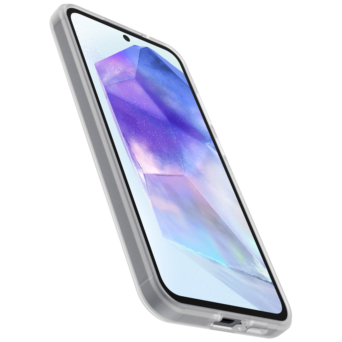 Un smartphone dans une coque de protection transparente affiche un fond d'écran cristal violet.