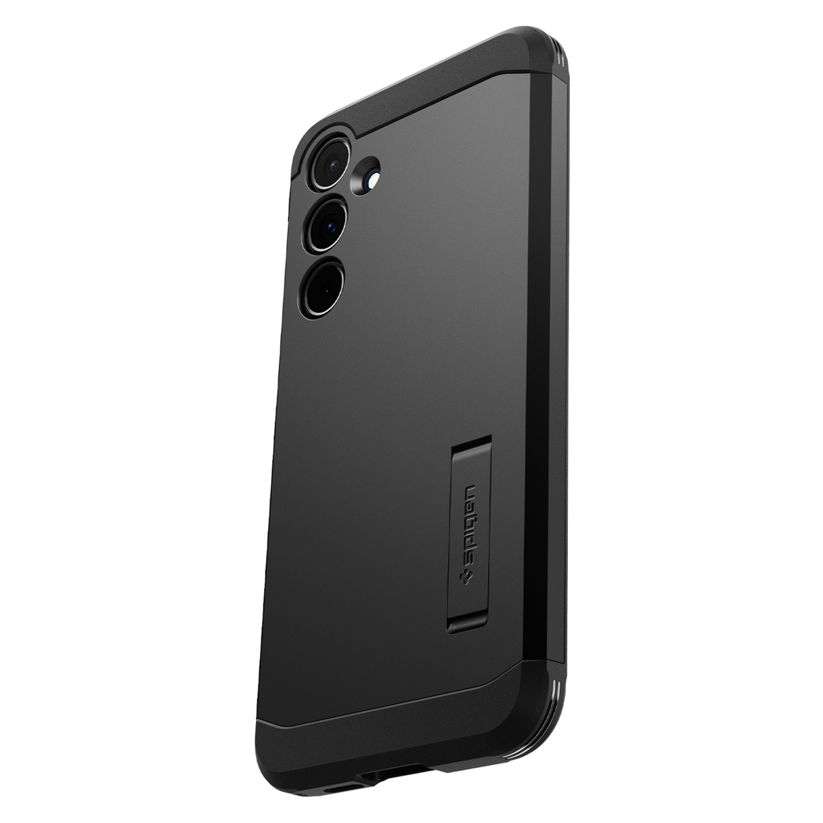 Zwarte telefoon met drie camera's en Spigen logo op de achterkant.