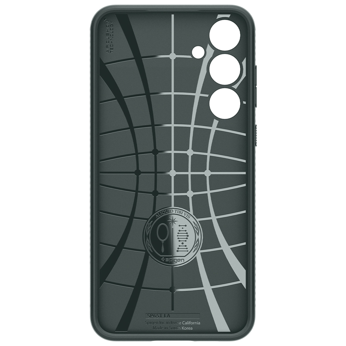Custodia per telefono grigio scuro. La custodia ha un motivo a griglia e un logo.