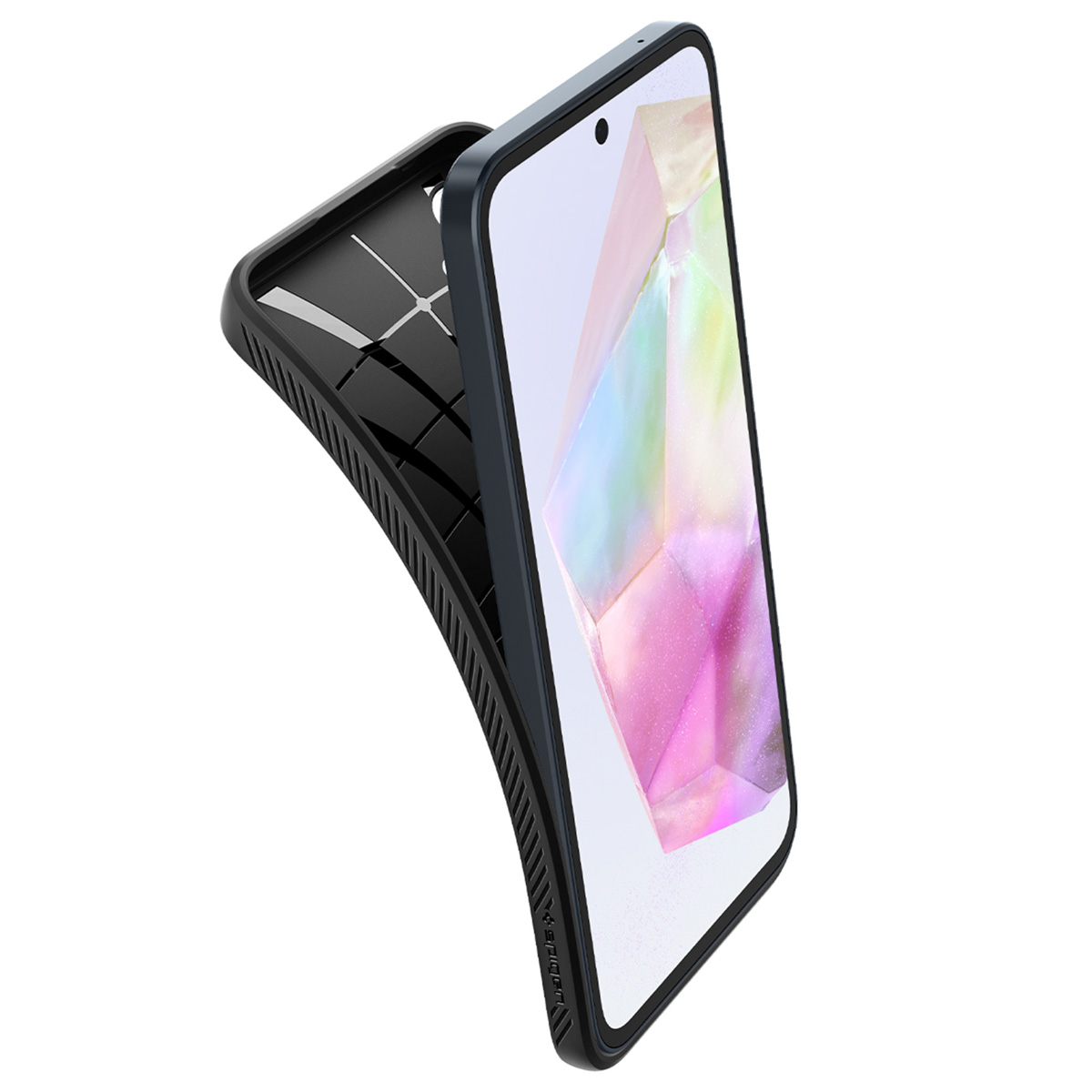 Ciemnoniebieski telefon w czarnym etui. Telefon ma kolorowe, abstrakcyjne tło.