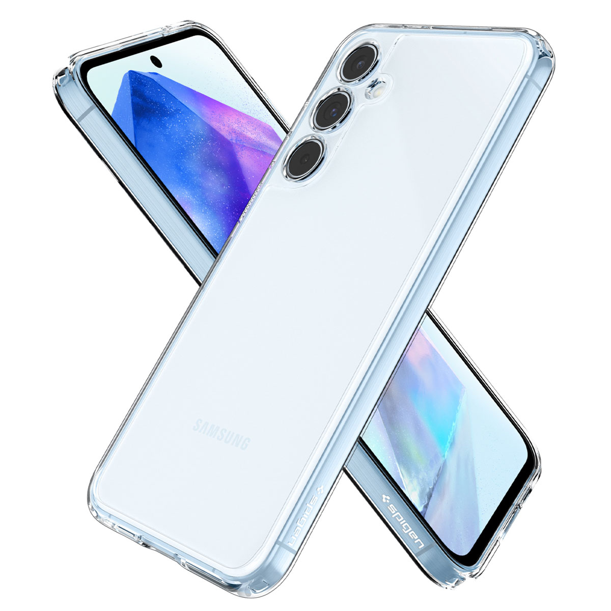 Custodia trasparente per telefono su sfondo bianco. Telefono azzurro, con tre fotocamere e il logo Samsung.