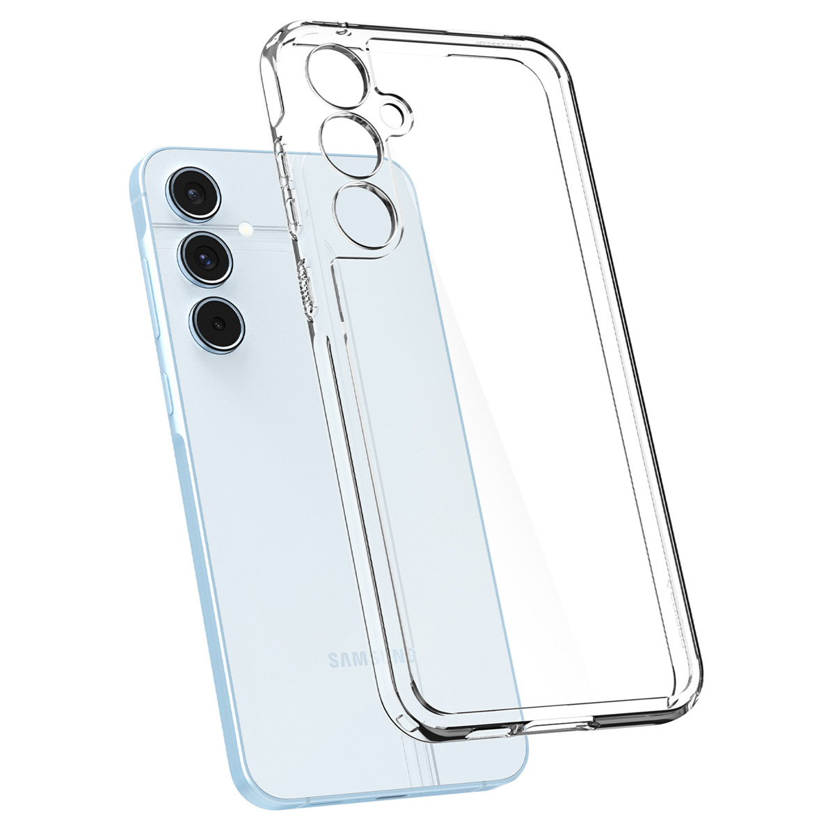 Un telefono blu con una custodia trasparente accanto.