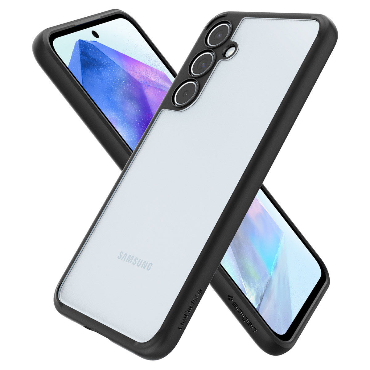 Telefon w czarnym etui z przezroczystym tyłem i drugi telefon w tle.