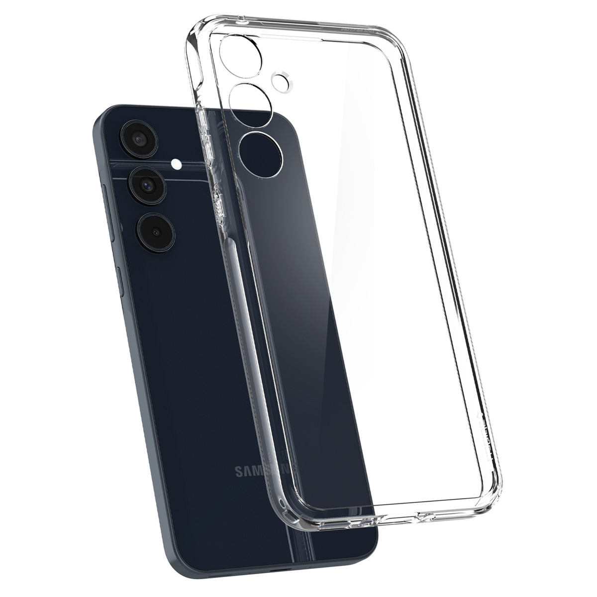 Coque de téléphone transparente sur un téléphone noir avec triple caméra.