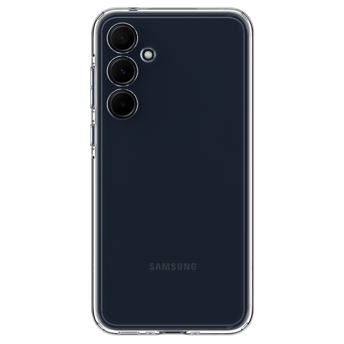 Un téléphone bleu foncé, vue arrière. Le téléphone a trois caméras. La coque est transparente.