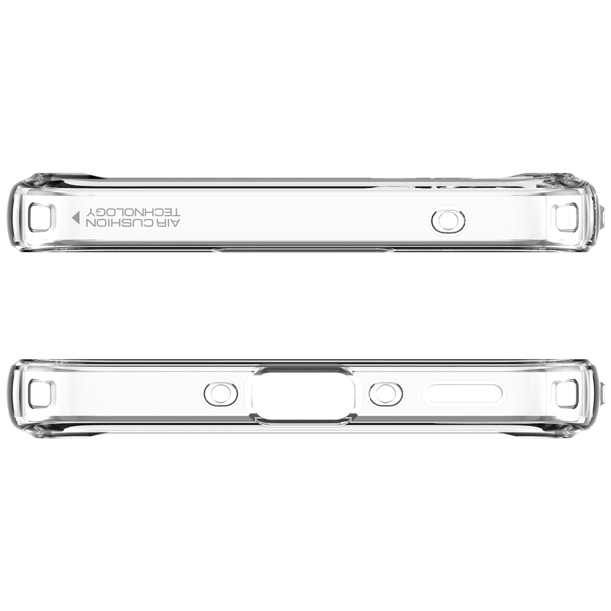 Deux coques de téléphone transparentes, vues de dessus et de dessous. Les deux ont des découpes et sont transparentes.