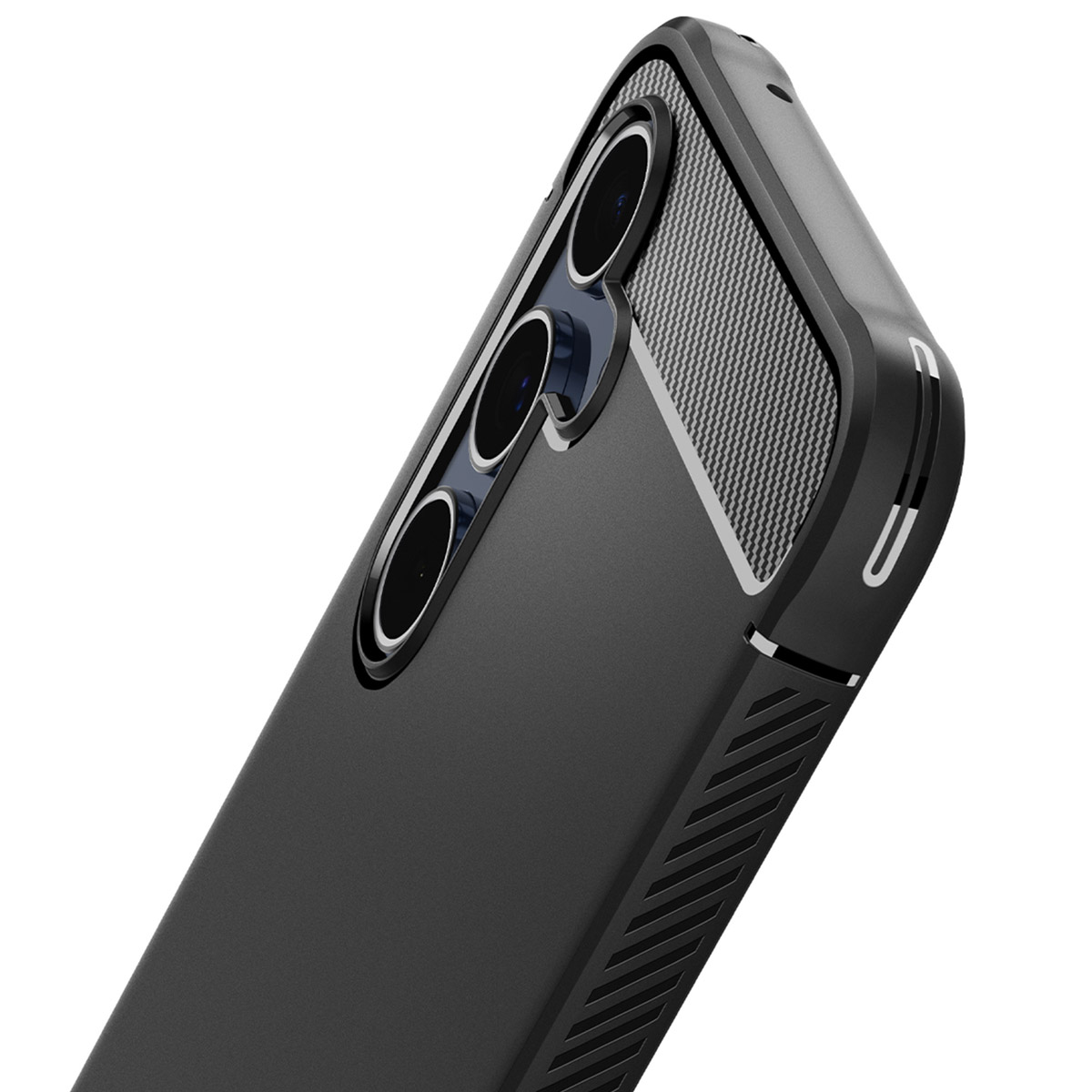 Custodia nera per telefono, vista angolata. Mostra il modulo fotocamera e i dettagli sul bordo.